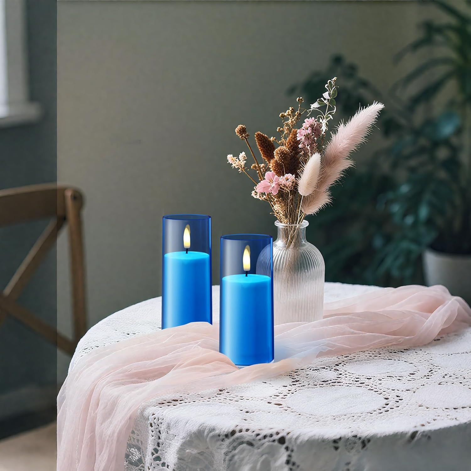 Battery Operated Candles Realistic Flickering Flameless Candles with Remote and Timer, Blue Acrylic LED Flameless Pillar Candles for Home, Wedding, Party, Holiday, 2" X 5", 2 Pack