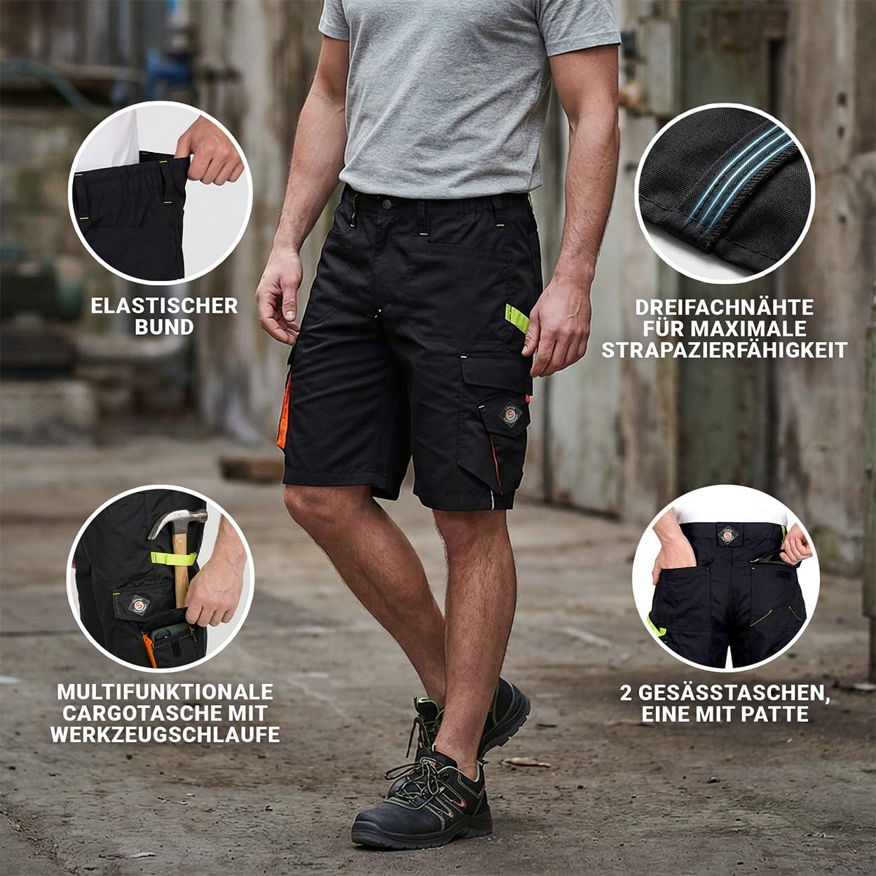 Stenso Prisma Kurze Hosen Herren - Multifunktionstaschen, Kurze Arbeitshose Herren mit Zwei Seitlichen Cargotaschen & Gesäßtaschen, Verstärkter Sitzbereich, Arbeitshosen Männer Kurz, Elastische Taille