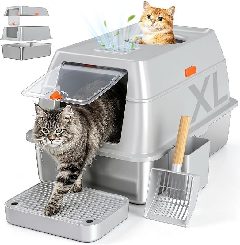 XL Enclosed Stainless Steel Litter Box with Lid, Light Gray | covered, High Sided, Rustproof & Leak Proof, Easy Clean, Odor Control, Includes Scoop & Step
