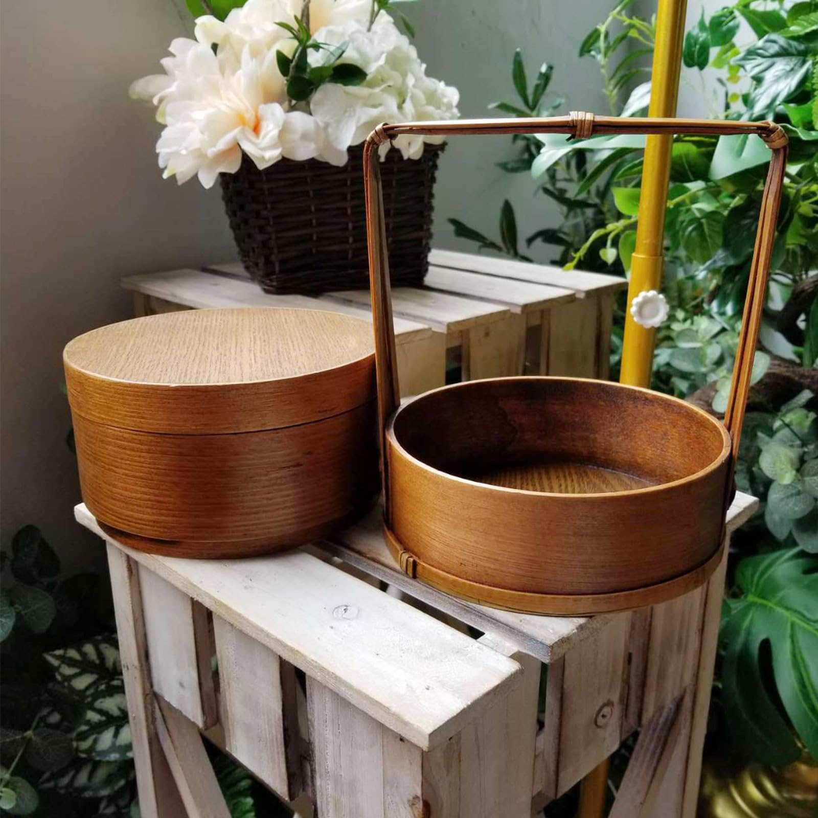 TOPBATHY Contenitore Bento a Doppio Strato in Legno Manico Portatile