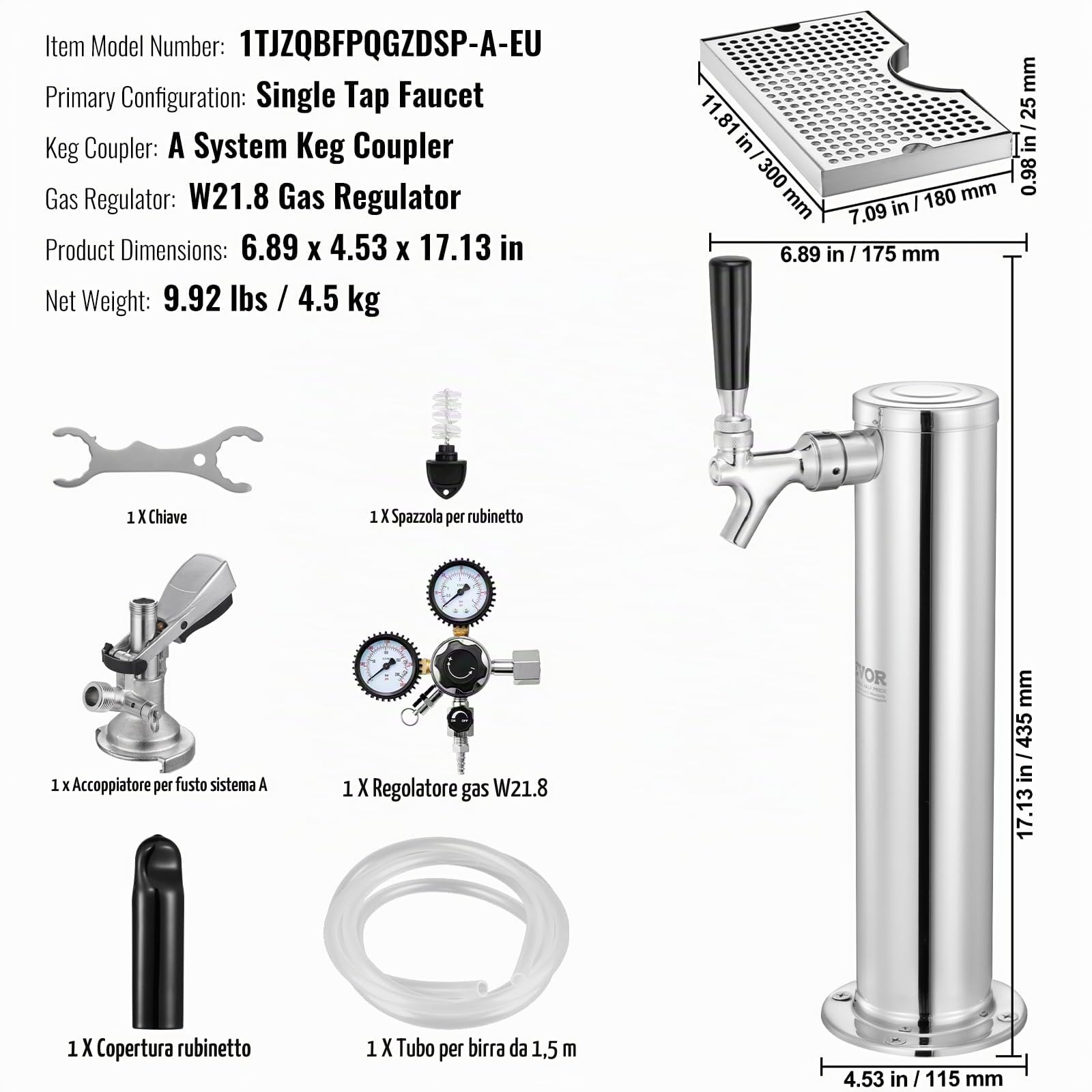 VEVOR Kit Distributore di Birra, Kit Conversione Birra Rubinetto Singolo, Dispensatore Torre Birra in Acciaio Inossidabile con Regolatore Doppio Calibro, Vassoio Gocciolamento Birra per Feste a Casa