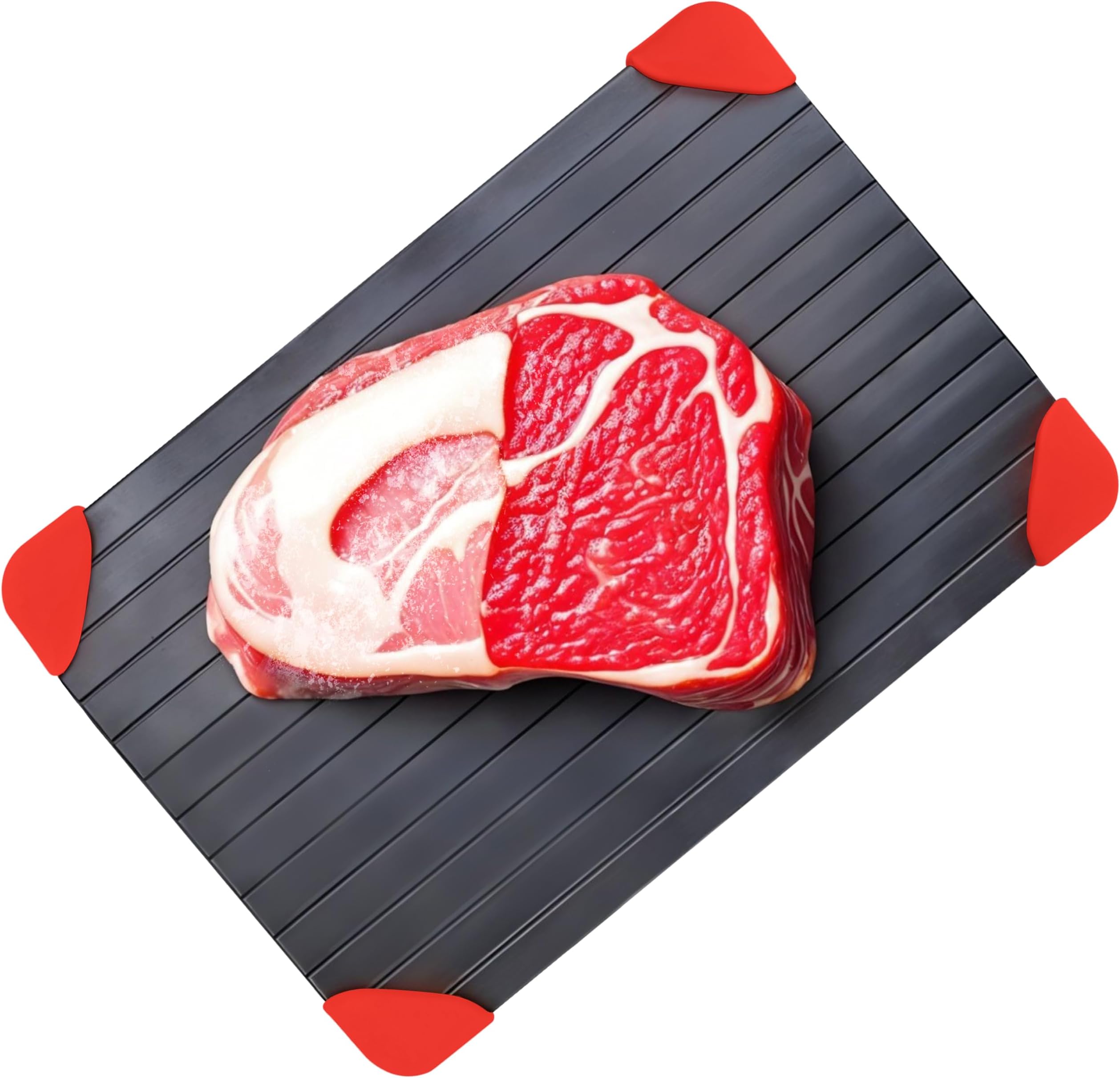Defrosting Tray, Aluminium Meat Thaw Plate with Grooves & Spill-Proof Silicone Angles, Defrosting Board Kitchen Accessories for fast Thawing Frozen Foods - Non-Stick 21 x 30 x 2.1cm