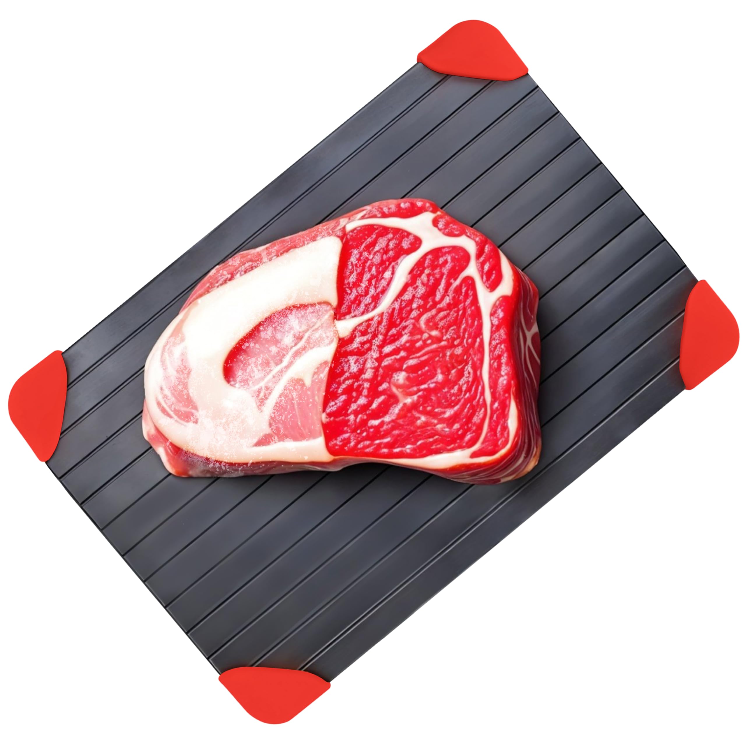 MantraRaj Defrosting Tray, Aluminium Meat Thaw Plate with Grooves & Spill-Proof Silicone Angles, Defrosting Board Kitchen Accessories for fast Thawing Frozen Foods - Non-Stick 21 x 30 x 2.1cm