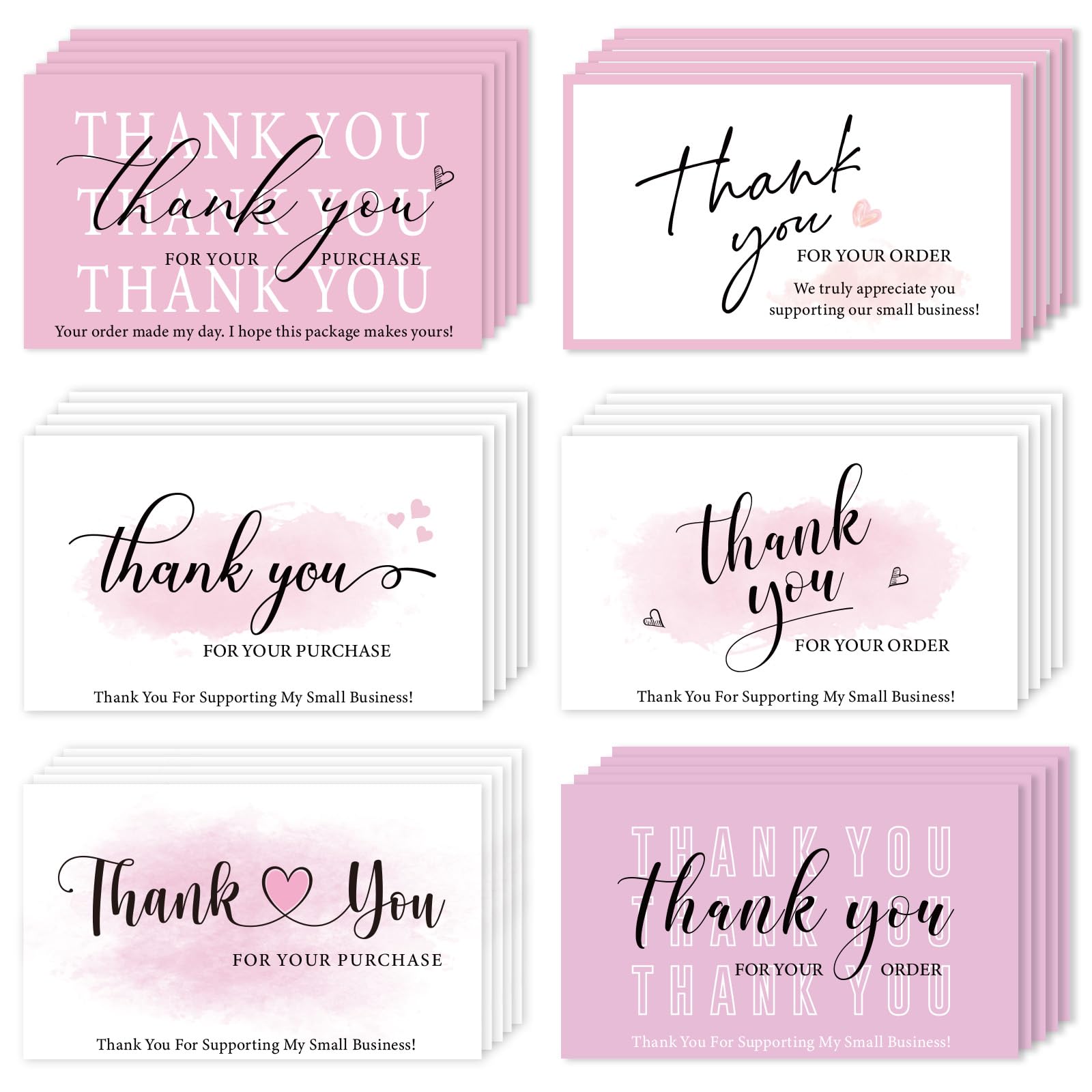 300PCS Thank You For Supporting My Business Cards 2 x 3.5 Inches Thank You Cards Small Business 6 Styles Package Insert Card for Business Supplies Online Shop Retail Store