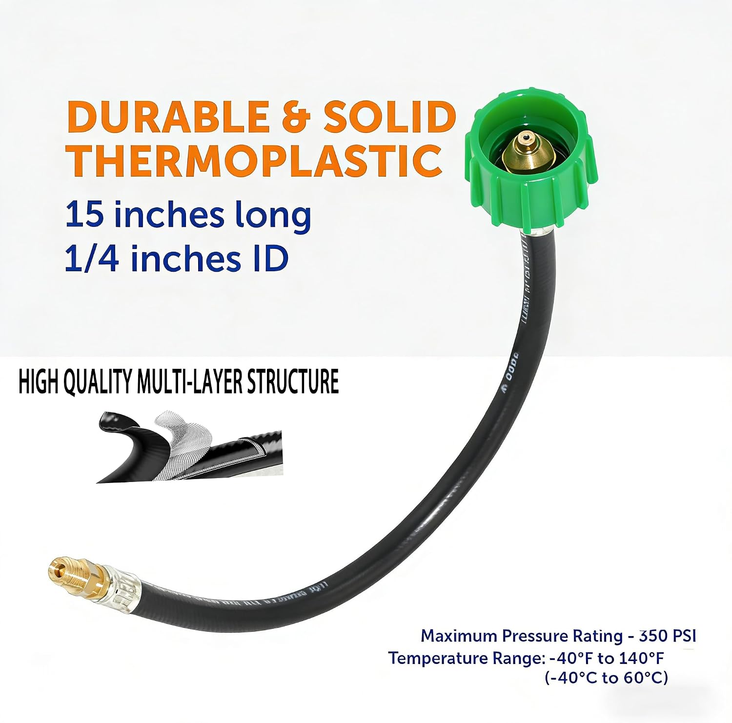 2-Pack 15” RV Propane Hose, QCC1 / Type 1 to 1/4” Inverted Male Flare, 350 PSI, for RV Two-Stage Regulator, BBQ, Camping