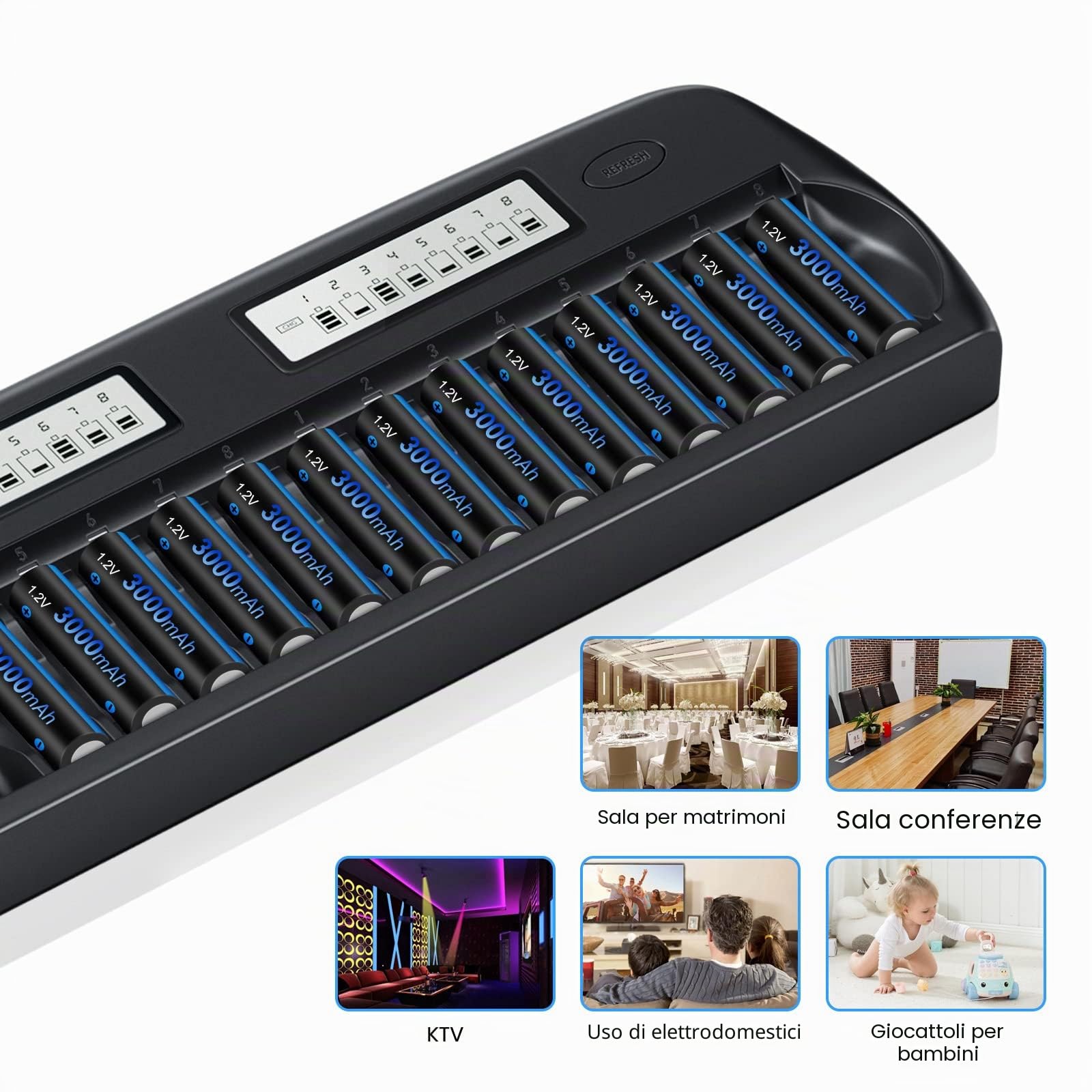 CITYORK Caricabatterie 16 Bay LCD Smart AA/AAA con 8 batterie ricaricabili AA 3000mAh e 8 batterie ricaricabili AAA 1100mAh