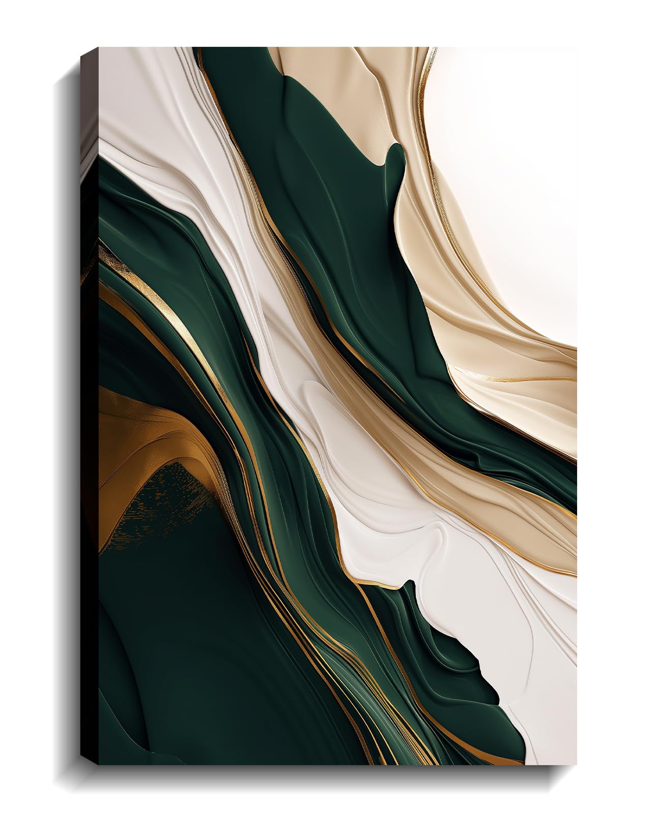 Emerald Green Wall Art Abstract Wall Decor Framed Beige and Gold Texture Picture Modern Posters Abstract Canvas Prints for Living Room Bedroom Home Office Ready to Hang - 12.00"x18.00"