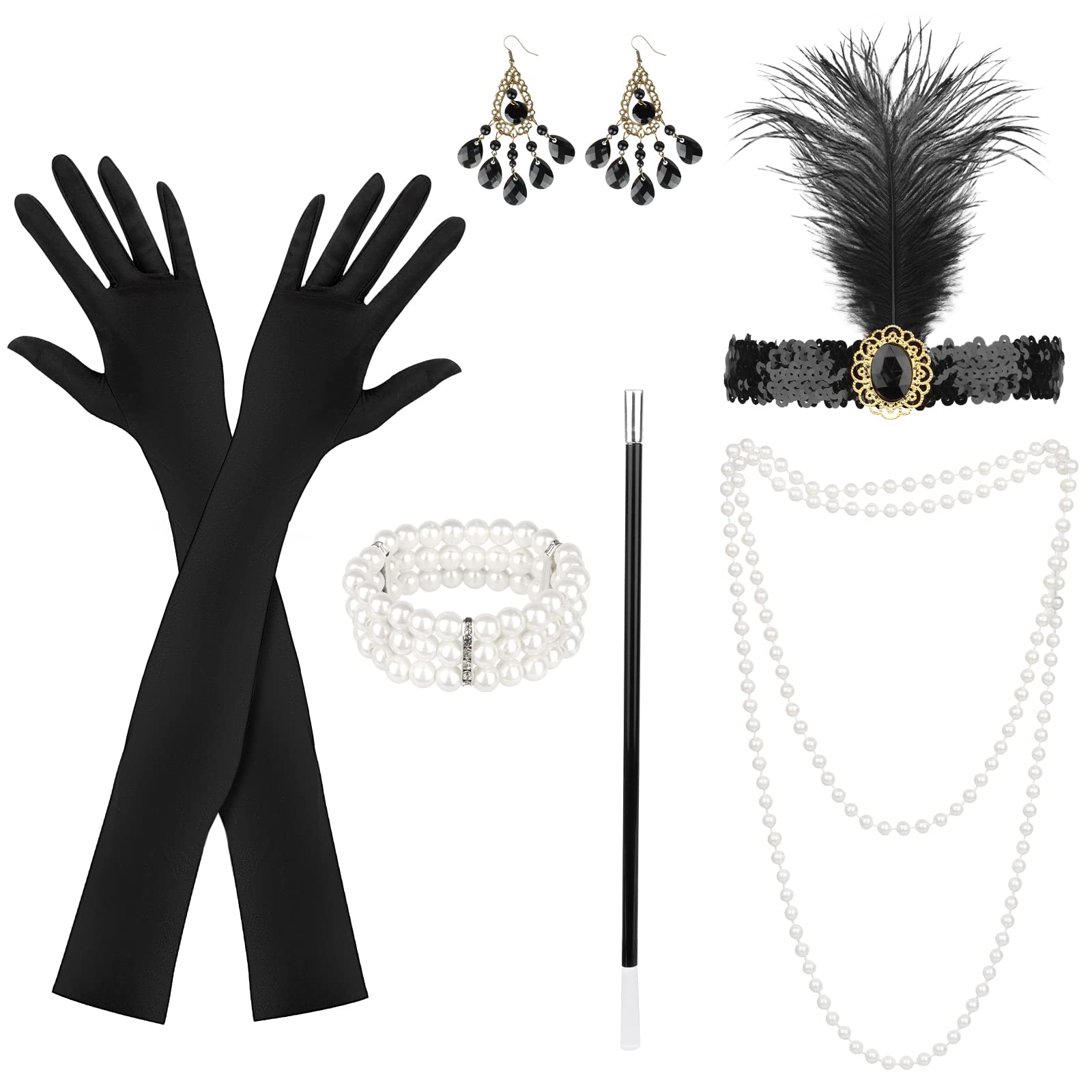 KEWUZY 6pcs Accesorios Años 20 Mujer, 1920s Set de Accesorios, Accesorios de Charleston para Mujer, 1920s Flapper Accesorios Juego de Accesorios de 1920 Great Gatsby Accesorios para Halloween Navidad