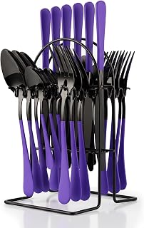 Black&Purple Flatware Set with Holder,24-Piece Stainless Steel Silverware Set Service for 6, Mirror-Polished Spoons Forks Knives Cutlery Set for Home, Kitchen, Restaurant (Purple-Black)