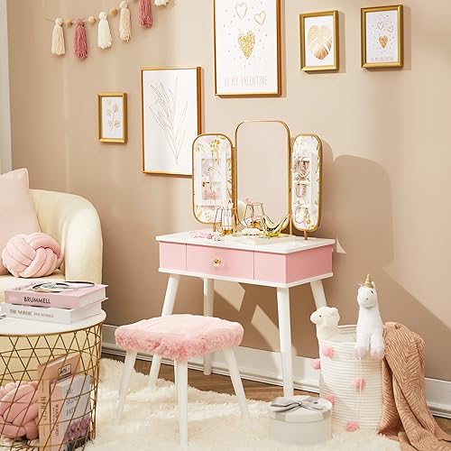 Miniatura 3 de Fantasy Fields Teamson - Juego de tocador para niños con espejo LED, tocador con cajón, estampado de lunares, color blanco y dorado