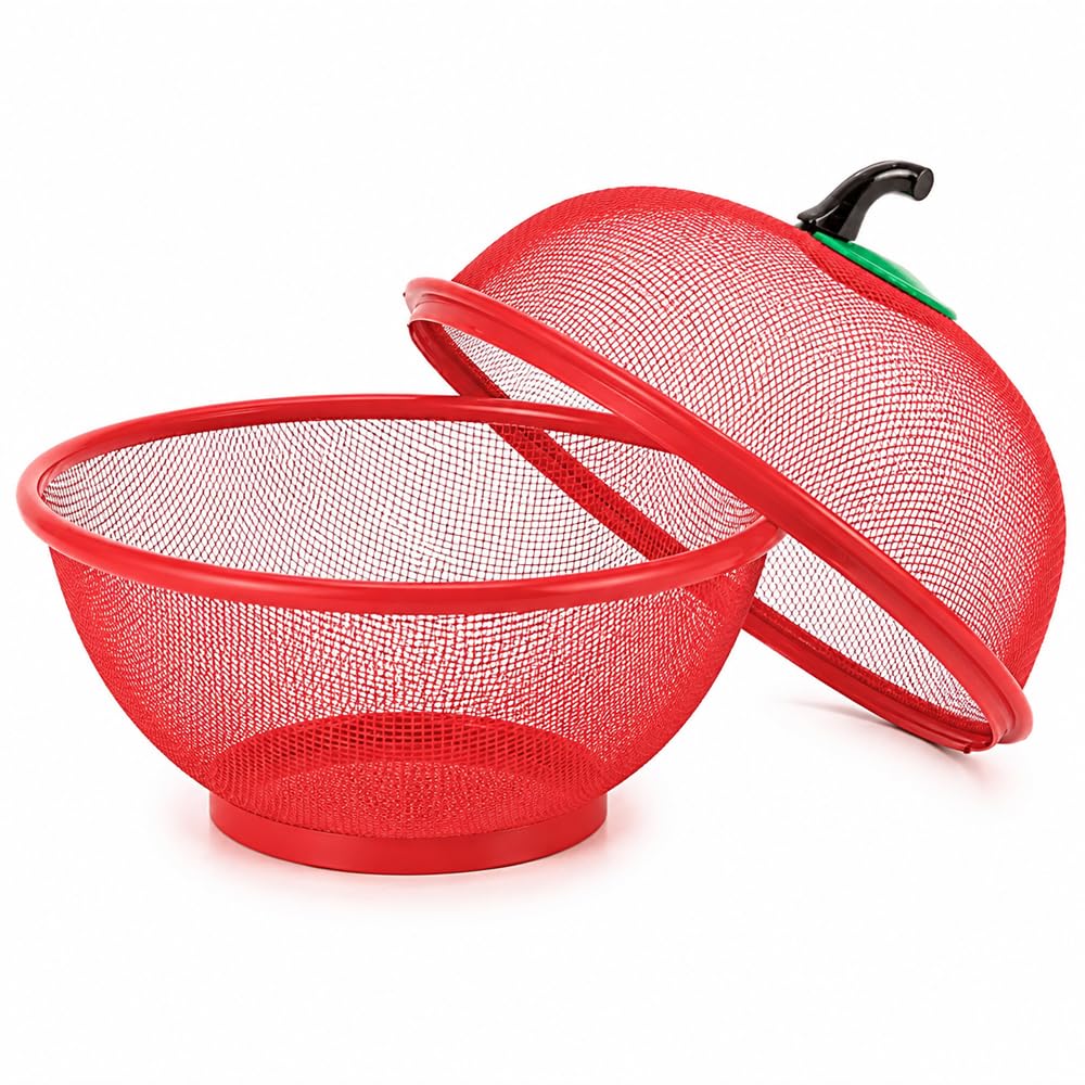 BEHNA Fruit Bowl Basket Apple Shape Mesh with Lid, Fruit Basket Holder Keeps Fruit Flies and Insects Out, Vegetable Storage for Kitchen Counter Tabletop and Camping (Colour)., RED