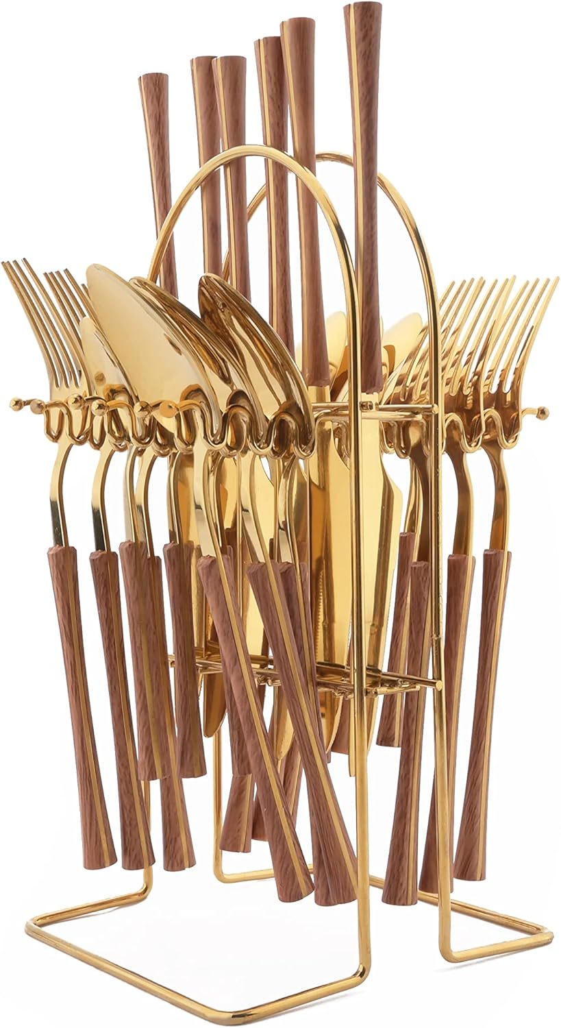 25 PCS Silverware Set with Storage Holder - Family Flatware Set Service for 6 - Gold Stainless Steel Cutlery Set with Wood Grain Handle - Tableware Utensils Set with Hanging Rack - Mirror Polished