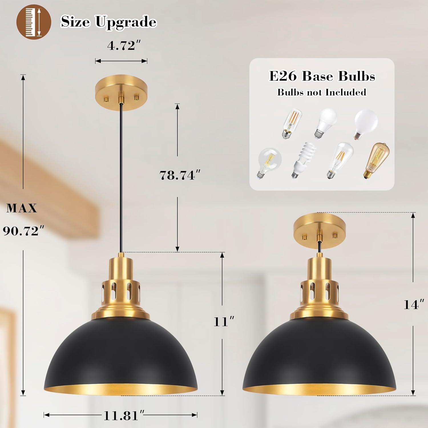 Black Farmhouse Dome Pendant Lights, Vintage Industrial Pendant Light Fixtures, Height Adjustable Pendant Lighting for Kitchen Island, Dining Room Foyer Entryway Bedroom 2-Pack