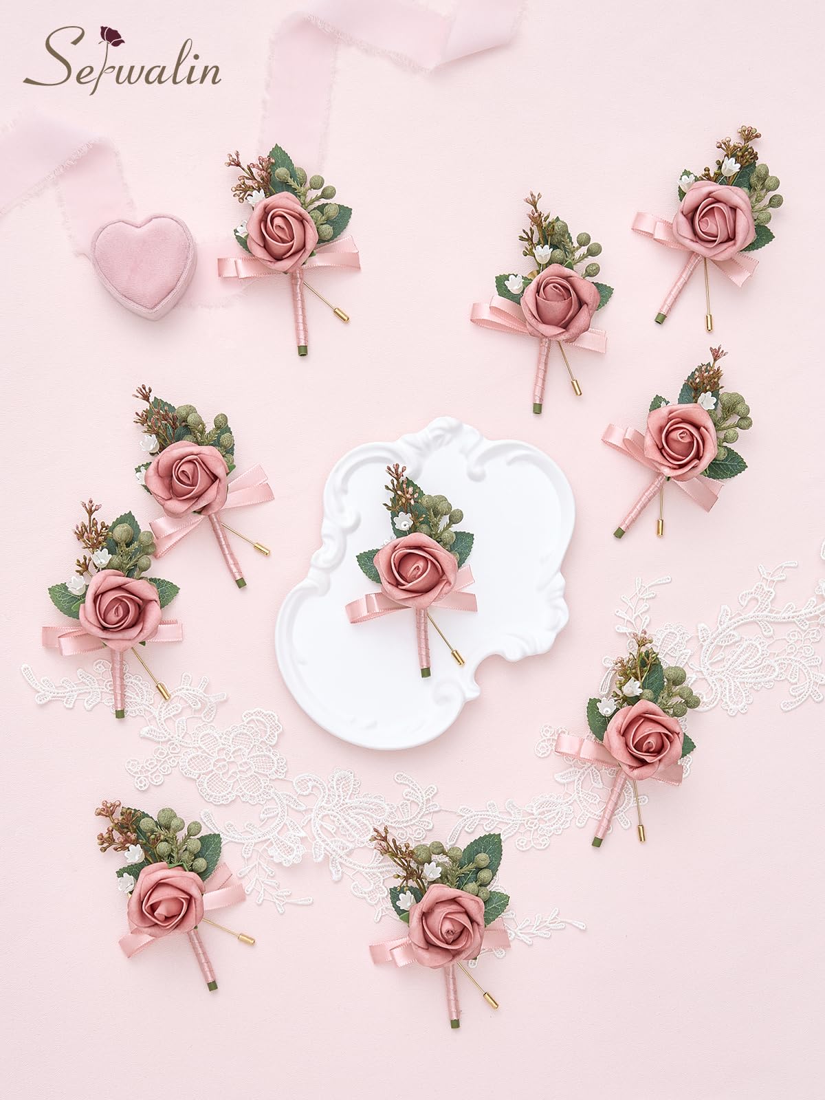 Serwalin Boutonniere rosa per matrimonio da uomo, set da 10