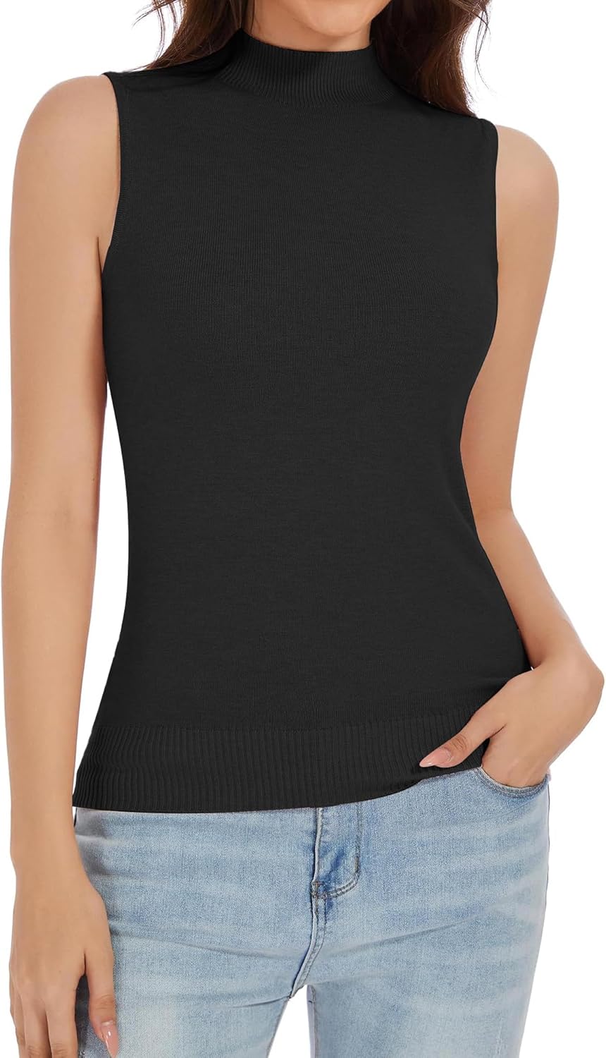Sleeveless Mock Neck Tops for Women Slim Fit Turtleneck Vest Knit Sweaters - Image 2