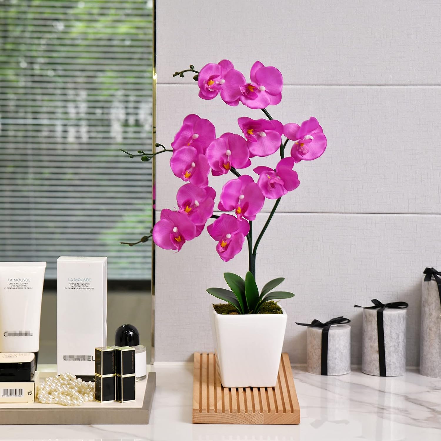YSZL 15" Tall Artificial Silk Phalaenopsis Orchid Flower Plant Pot Arrangements (Dark Blue-Purple) - Image 4