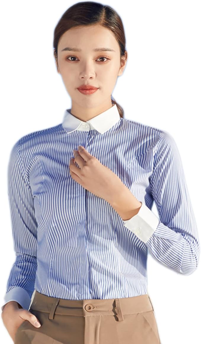 Amazon シャツ ブラウス レディース ストライプ 事務服 ユニフォーム ワイシャツ ベーシックシャツ リクルート ブラウスレディース クレリック襟 長袖 立体裁断 襟付き ファション ワークテイスト 完全ノーアイロン ライトブルー 通勤 Ol風 ブルー シャツ ブラウス 通販