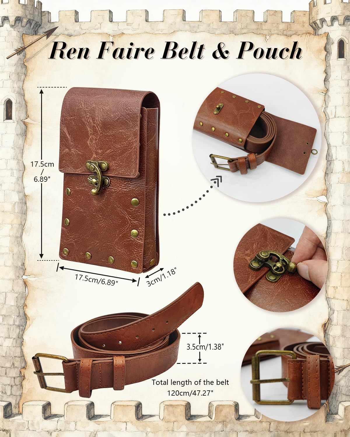 Renaissance Accessories Medieval Belt Pouch Purse Viking Bracer Hook Halloween Medieval Costume Accessory Casual Fanny Pack Waist Bag