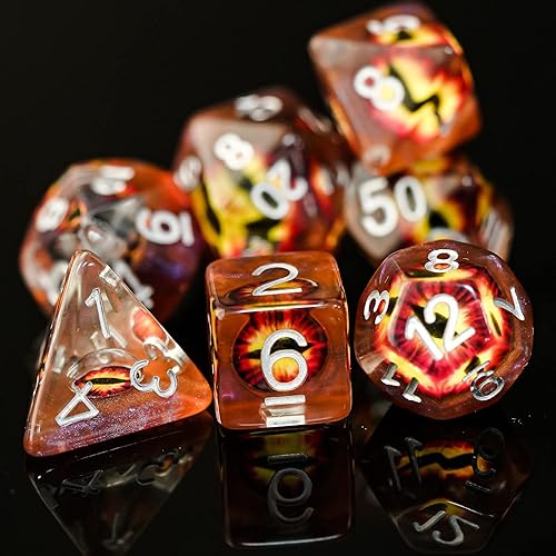 Cusdie Dados DND de 7 troqueles, juego de dados poliédricos rellenos de globo ocular, para juegos de rol, dados D&D (globo ocular marrón)
