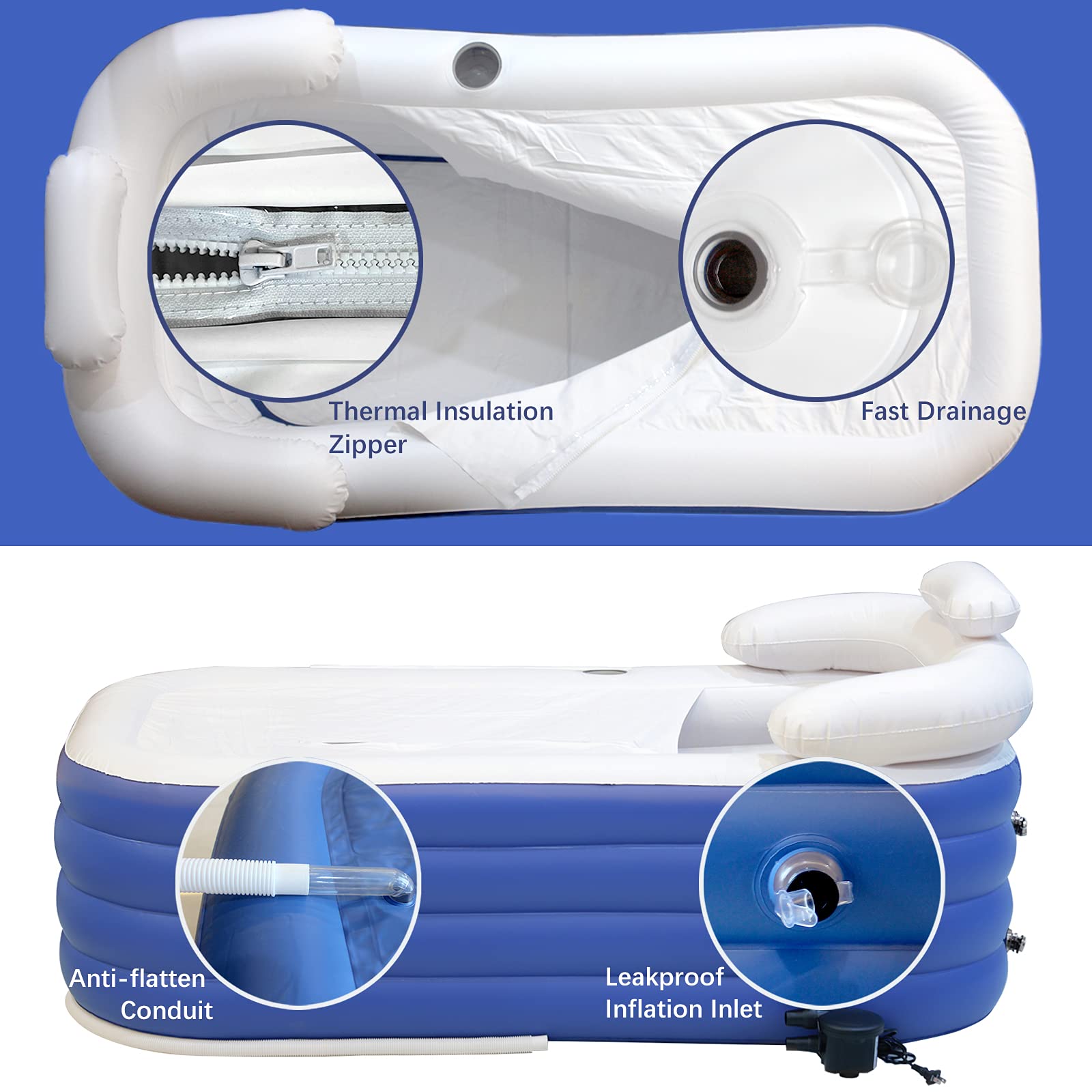 Portable Inflatable Bathtub for Adult, Witsbrez Deluxe Freestanding Soaking Bath Tub with Large