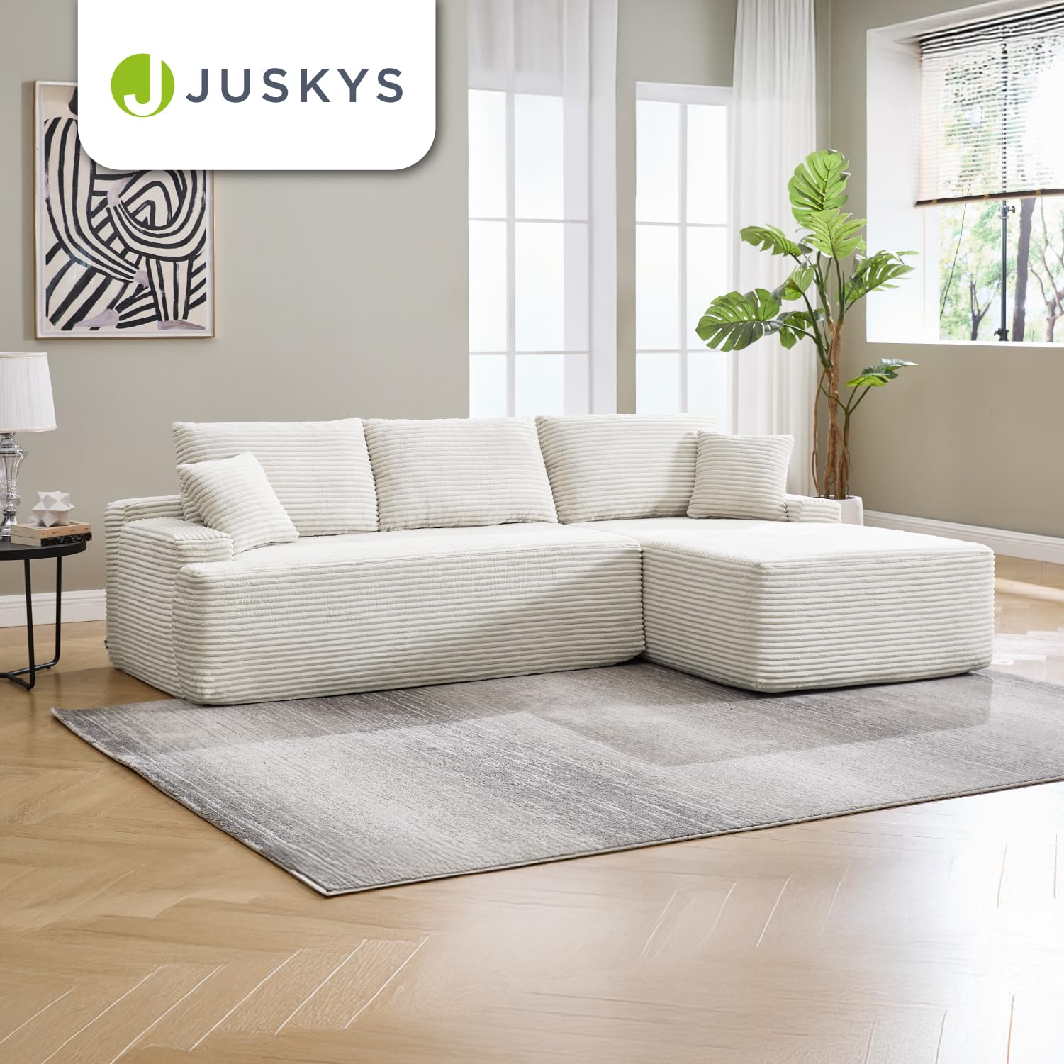 Juskys Sofa Coredo - modernes Cord Sofa mit Ottomane rechts, gemütliche Couch mit Schaumstoffpolsterung, Cordbezug & Kissen, modular - Creme