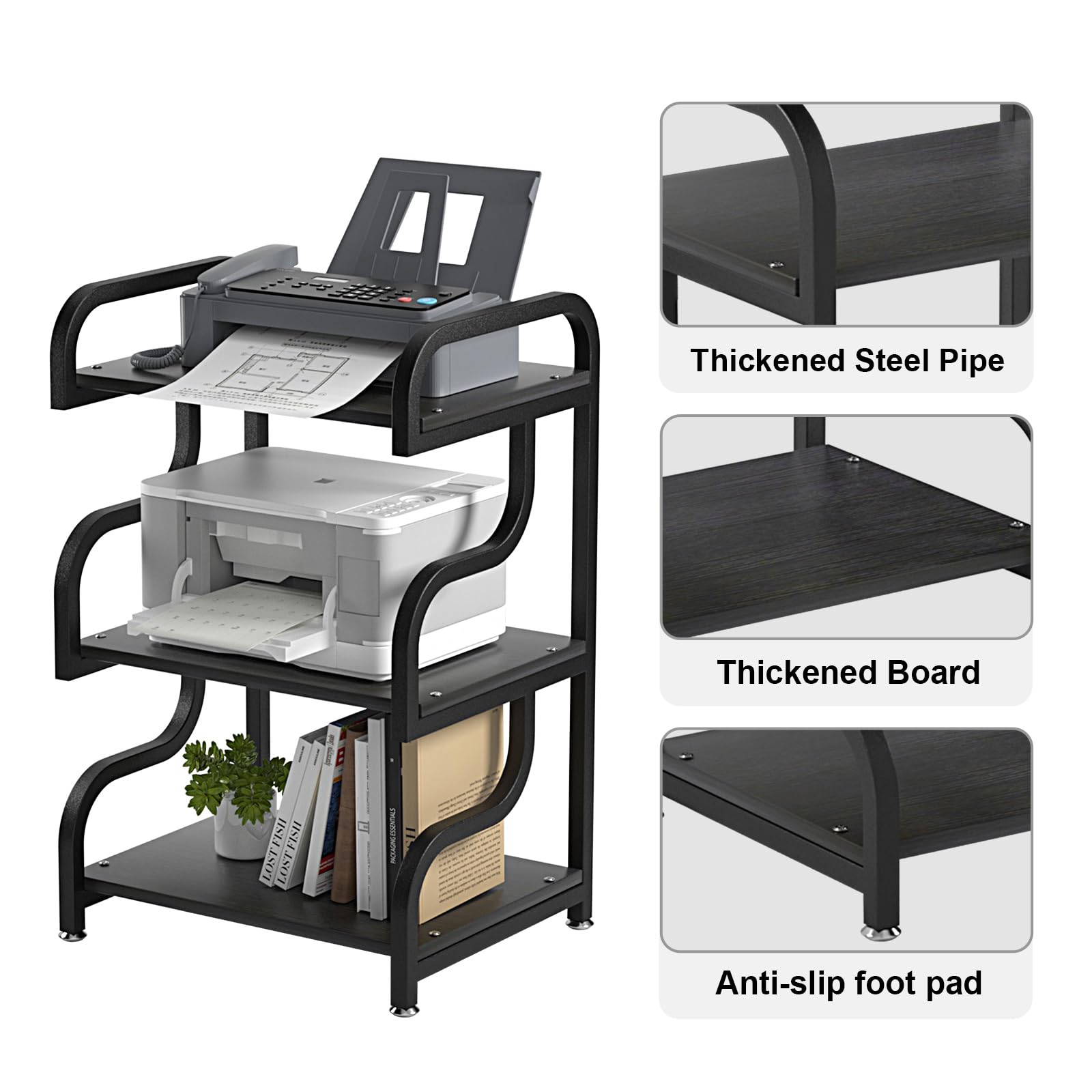 URLINE Printer Stand, 3 Layer Large Printer Stand, Durable Materials and Enough Storage Space, Printer Table for Home Office Organization, Rustic Brown
