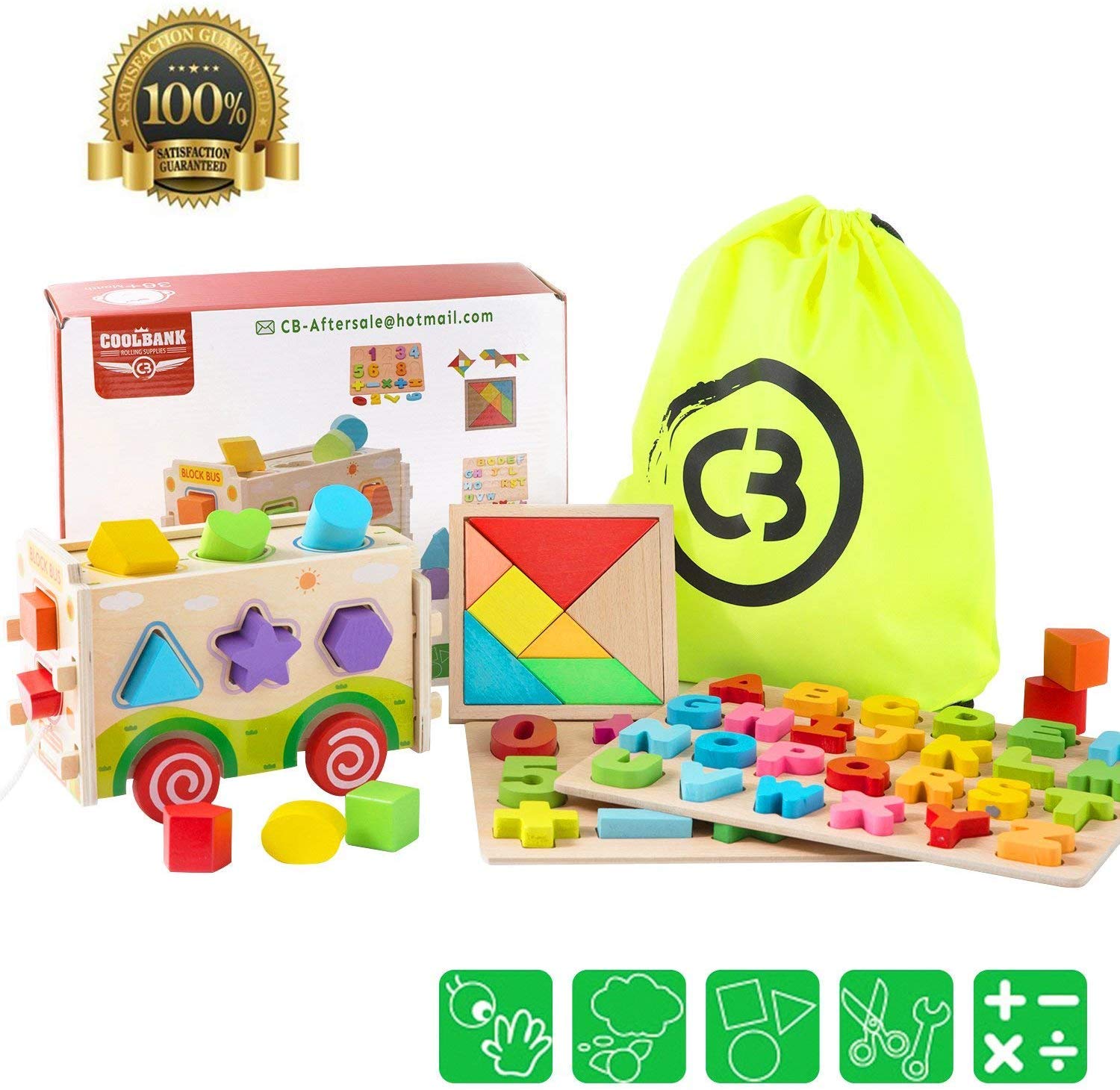 Buy HMtech Wooden Shape Sorter Toys, Wooden Shape Sorter Bus with Tangram & Number Alphabet