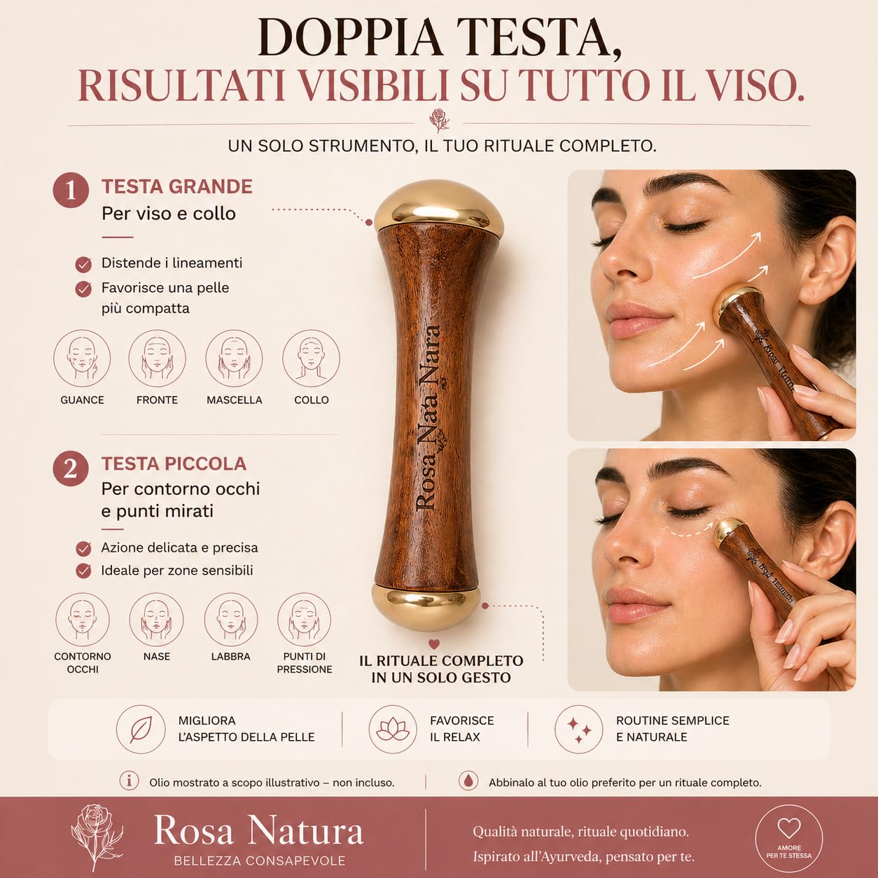 Kansa Wand Rosa Natura – Massaggiatore Viso Ayurvedico, Doppia Testa Bronzo e Teak, Effetto Lifting Naturale, Anti-Età, Pelle Luminosa e Distesa, Massaggio Viso e Collo