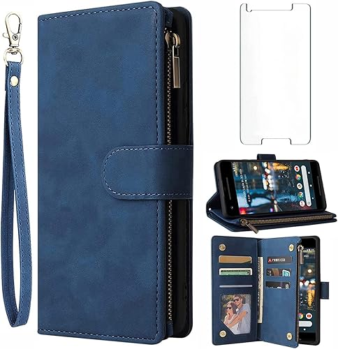 Asuwish Compatible con Google Pixel 2 - Funda tipo cartera de vidrio templado con protector de pantalla de cuero delgado y soporte para tarjetas,