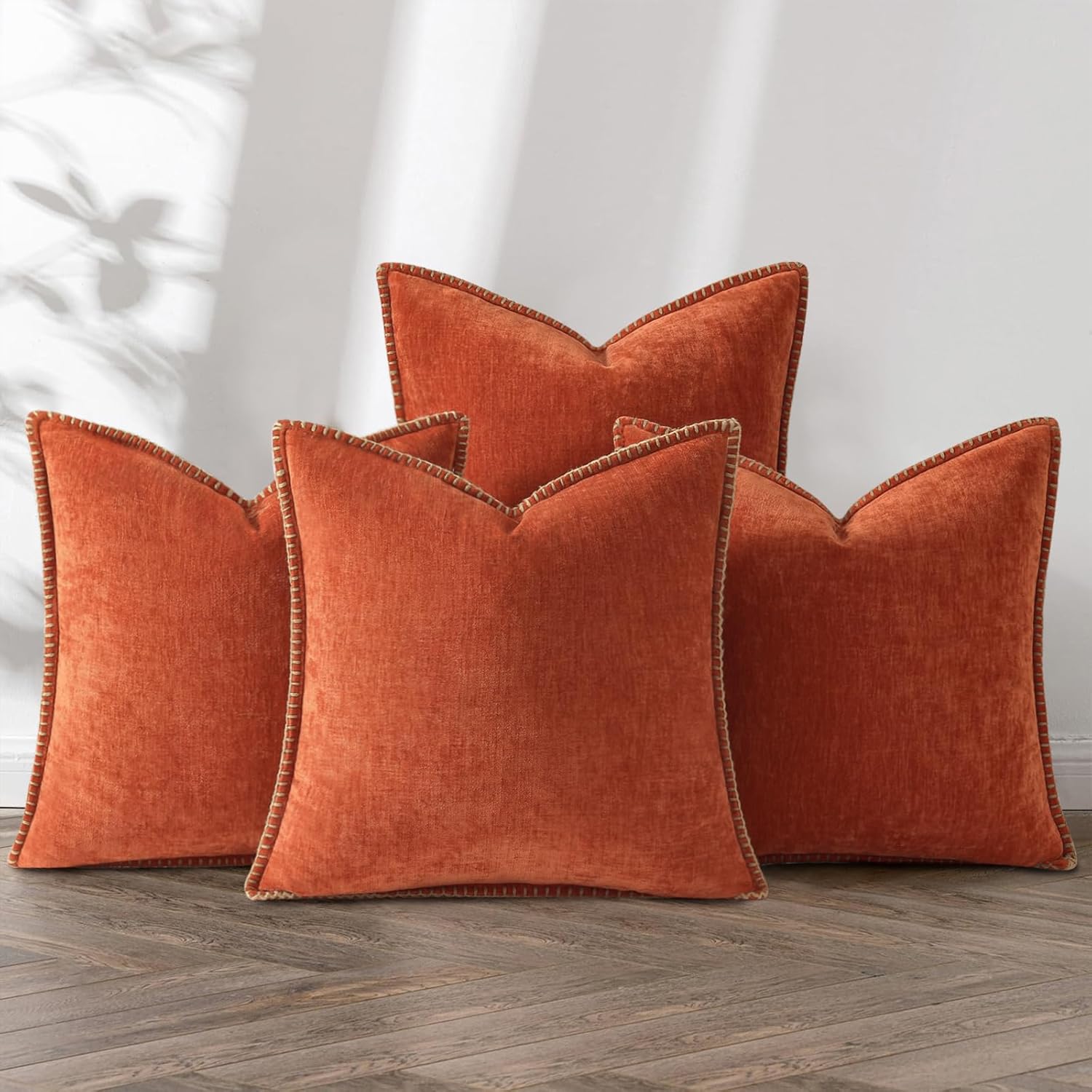 decorUhome Set of 4 Throw Pillow Covers 18x18 Inch Decorative Soft Chenille Pillow Covers Farmhouse Neutral Cushion Covers with Stitched Edge for Couch Sofa Bed Living Room, Burnt Orange