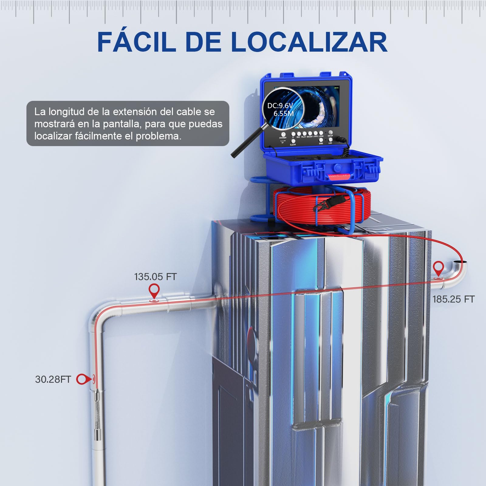 Cámara Endoscópica 9" Monitor Cámara Inspección de Tuberías con Nivelación Automática DVR Grabación de vídeo y Audio con Contador de Metros 30m