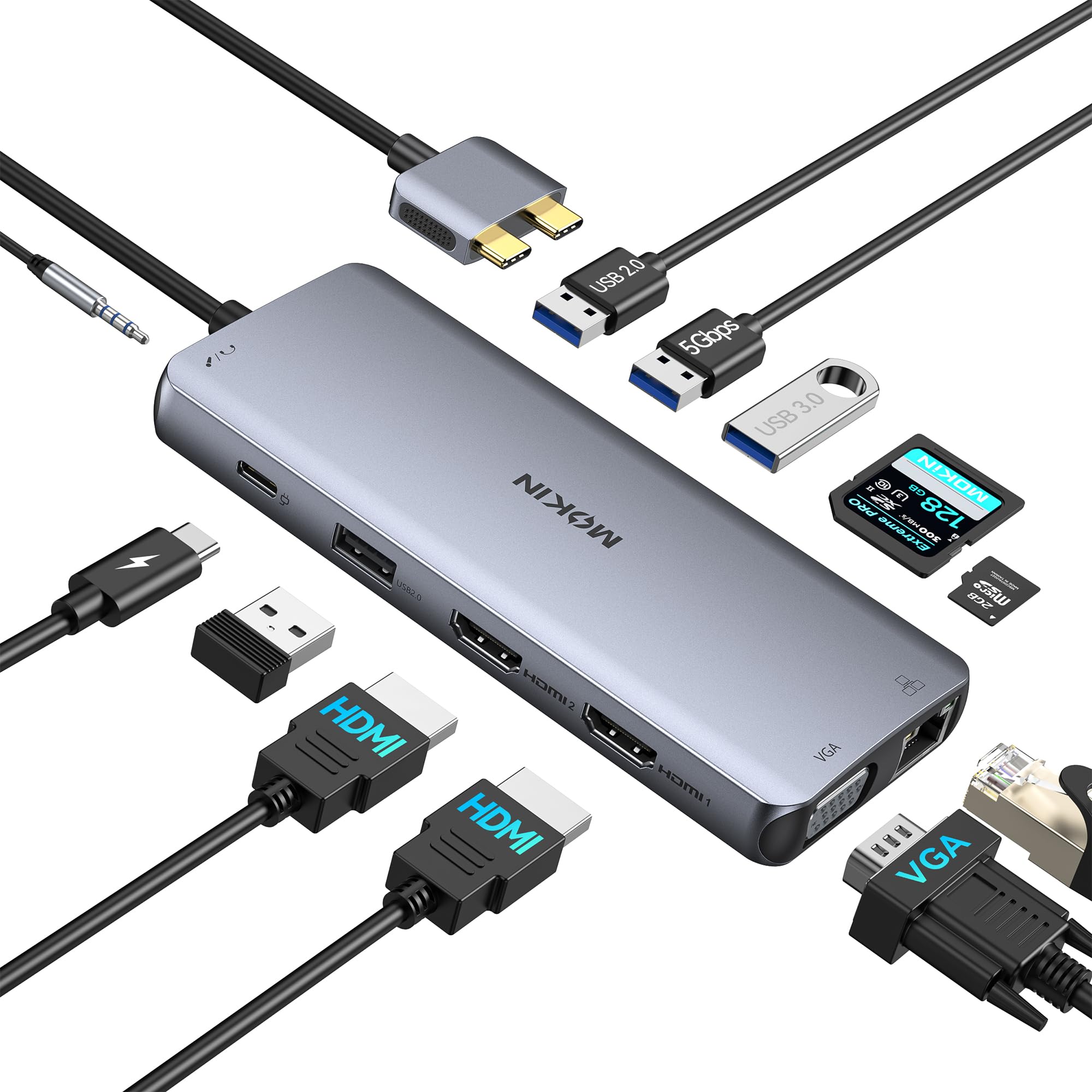 MOKiN Stacja dokująca USB C MacBook Pro adapter z podwójnym monitorem, 12 w 1 adapter USB C do podwójnego HDMI 4K 60 Hz VGA Ethernet AUX 2USB 2.0+2USB 3.0 SD/TF czytnik kart 100 W PD ładowanie MacBook