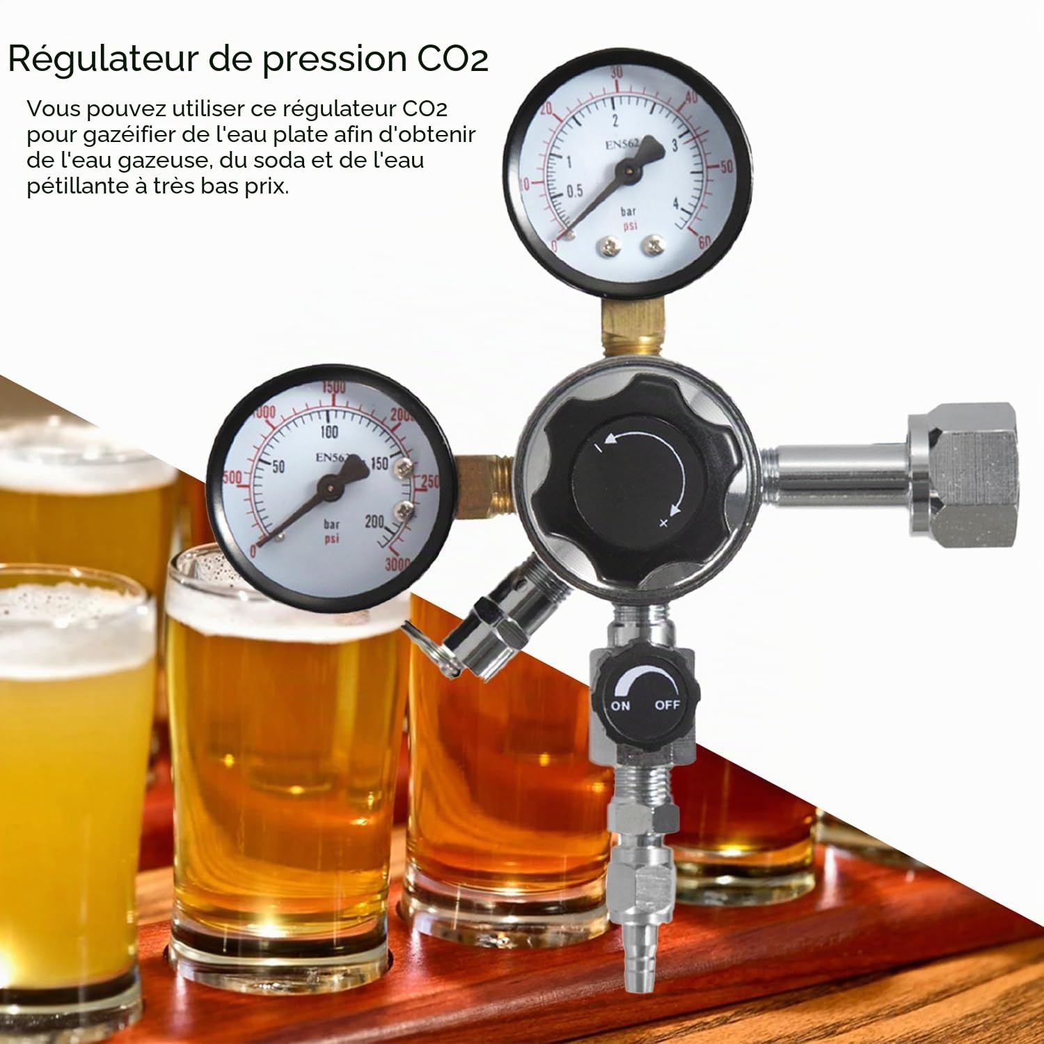 Régulateur De Pression Co2,Détendeur Bière,Réducteur De Pression Co2 De Fût,Double Manomètre w21,8,Pression De Service 0-60 Psi,Pour Distributeurs De Bière, Brassage De Bière, Tireuse à Bière