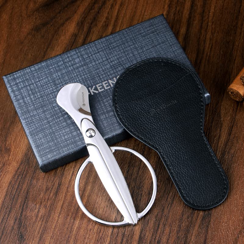 Image of KEENSUN Cigar Scissors Cutter, Stainless Steel Guillotine Double Blade Straight Cut Scissors (Silver) with Leather Case Cigar Accessories for Cigars(2.75 inch Handle Width)