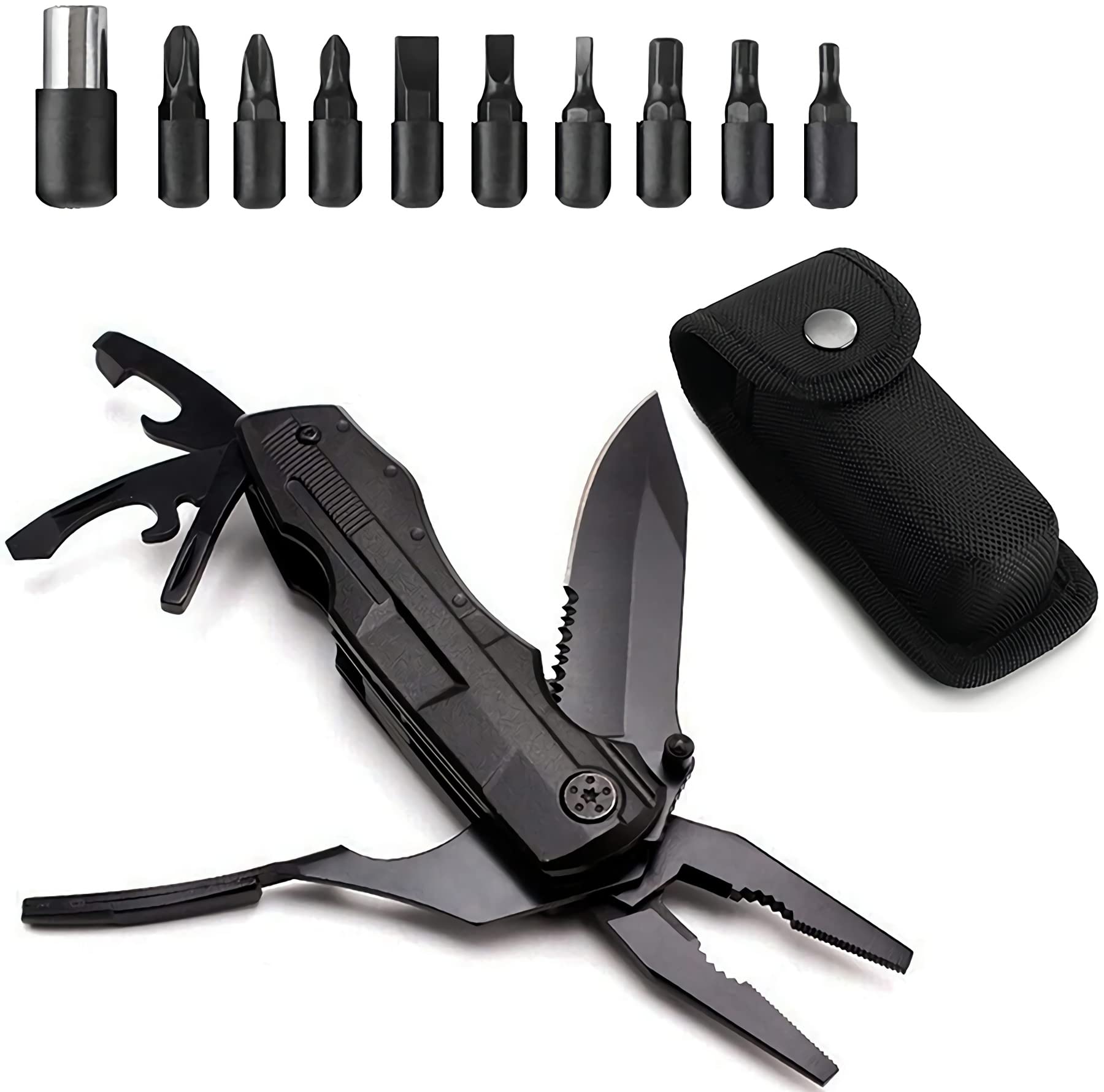 ELECDON Multitool,5-in-1 Survival Tool with portable Multi-plier Durable Stainless Steel Multi-Tool Multi-Purpose Screwdriver Spring-Action Plier with Pouch & Bits for Survival, Outdoor & More