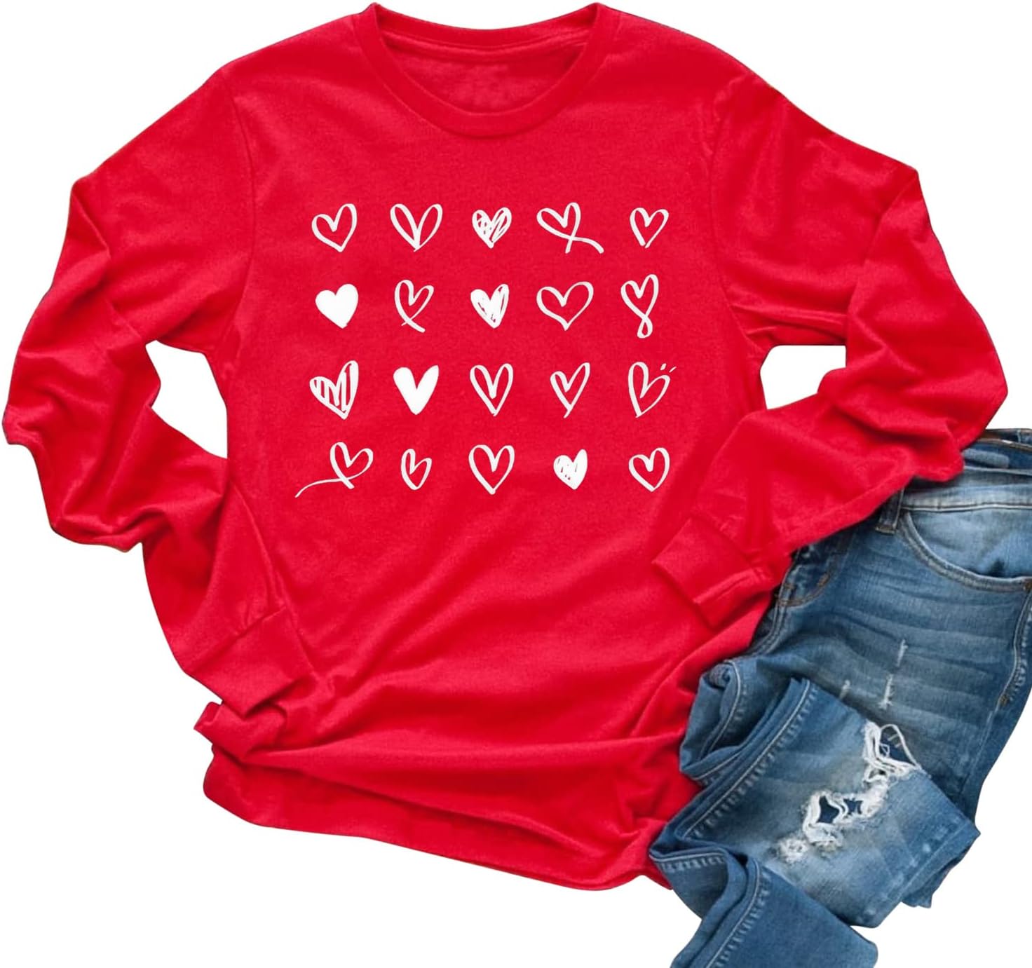 Womens Love Heart Raglans T-Shirts Casual Long Sleeve Valentine’s Day Graphic Tees Tops