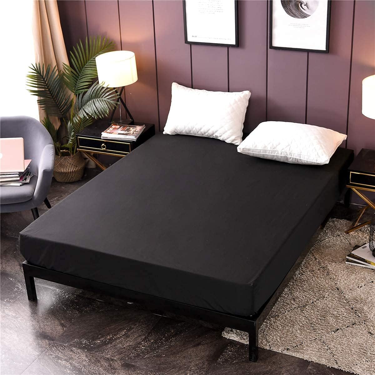 NTBED Black Silky Satin Comforter Set with Waterproof Mattress Protector Cover