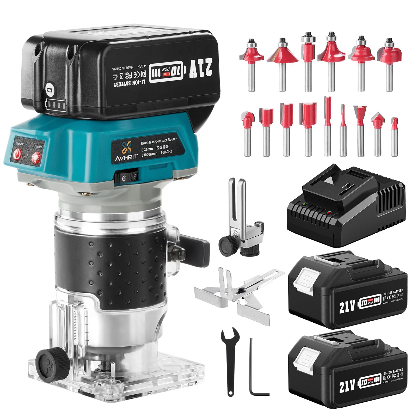 Fresadora Inalámbrica para Madera 21V, Fresadora de Madera Compacta con 2 Baterías 4.0Ah, 6 Velocidades, 33.000RPM, 15 Mandriles Collets 1/4" resadora Madera para carpintería