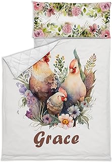 Personalized Name Toddler Nap Mat with Pillow Case and Blanket, Customized Farm Chick Sleeping Bag for Kids Girls, Super Soft & Cozy Napping Mats for Preschool Daycare, Quilted Nap Mat