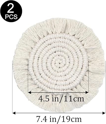 Miniatura 3 de Juego de 2 posavasos bohemios de macramé, posavasos absorbentes para bebidas, redondos tejidos a mano para decoración bohemia del hogar, posavasos