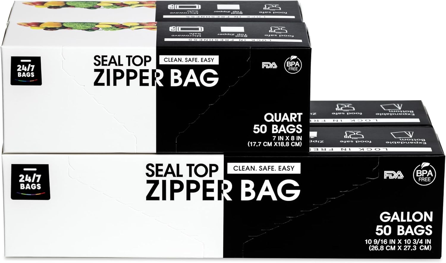 Gallon & Quart Food Storage Zip Bags Combo Pack, 100 Count Each, Total 200, Double Zipper, Easy Open