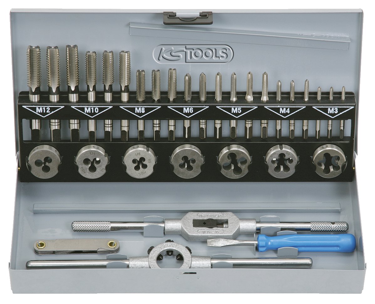KS Tools 331.0632 Coffret De Jeux De Tarauds Et Filières -Avec Mallette De Rangement Rouge En Acier Anti Rouille - Outtilage Mecanique Auto 32 Pièces & 331.0665 Porte taraud réversible à cliquet M5-12