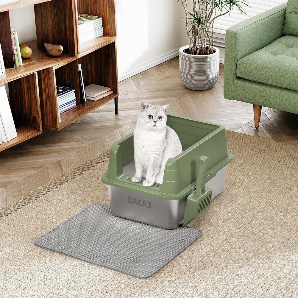 BAKAJI Litière pour Chat XL Ouverte avec Base en Acier avec Sac Anti-Sable, Pelle pour Collecte, Tapis Anti-saleté, Base antidérapante, capacité 25 litres, Couleur Verte, 50 x 35 x 30 cm