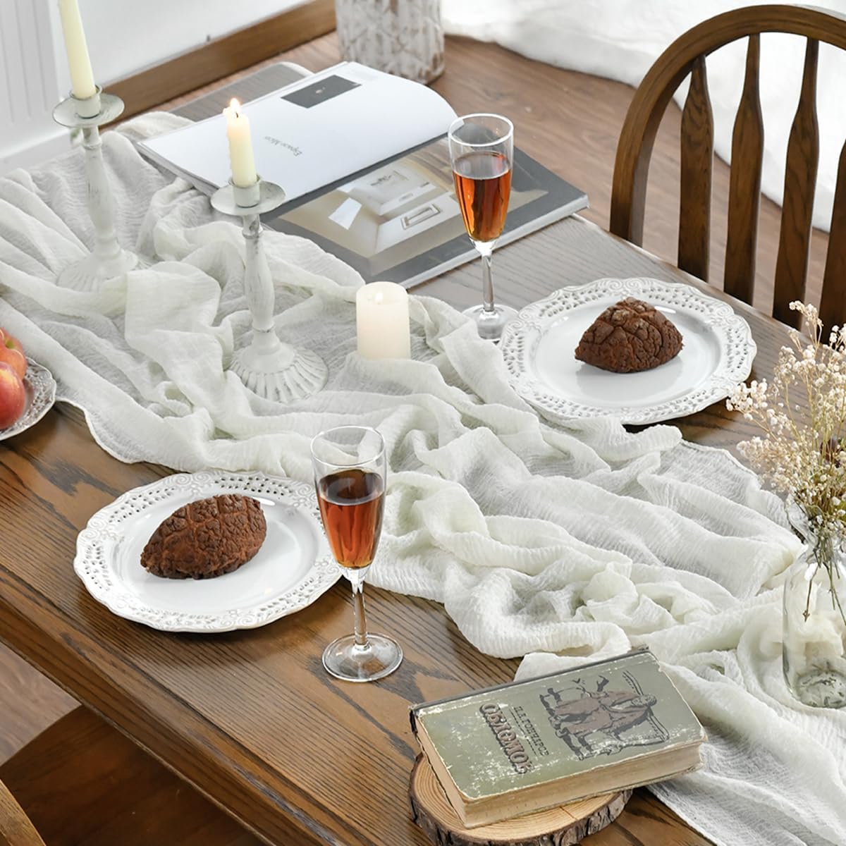 Artoid Mode Boho Milk White Gauze 3 Pieces Wedding Table Runner, 120 Inch Birthday Fabric Kitchen Dining Holiday Table Decor for Home Party Indoor