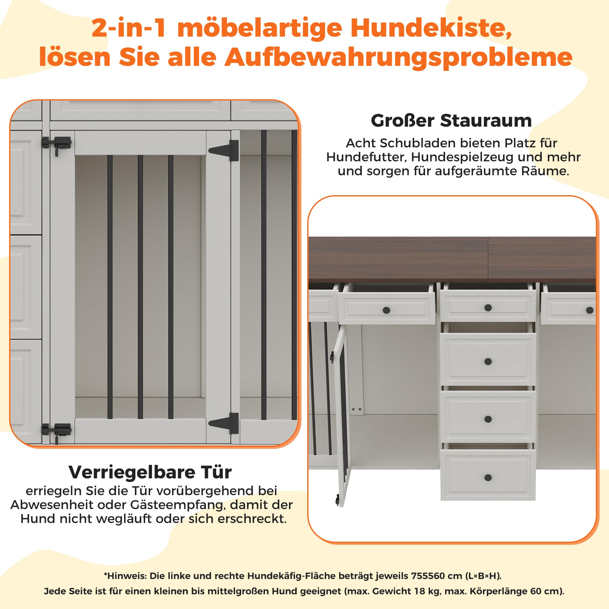 Hundekäfig für Zuhause, Hundebox Indoor für 2 mittelgroße Hunde, Hundekäfig Möbel XXL Stabile Hundehütte mit 8 Schubladen, Moderne Hundehaus weiß, 200x60x85 cm