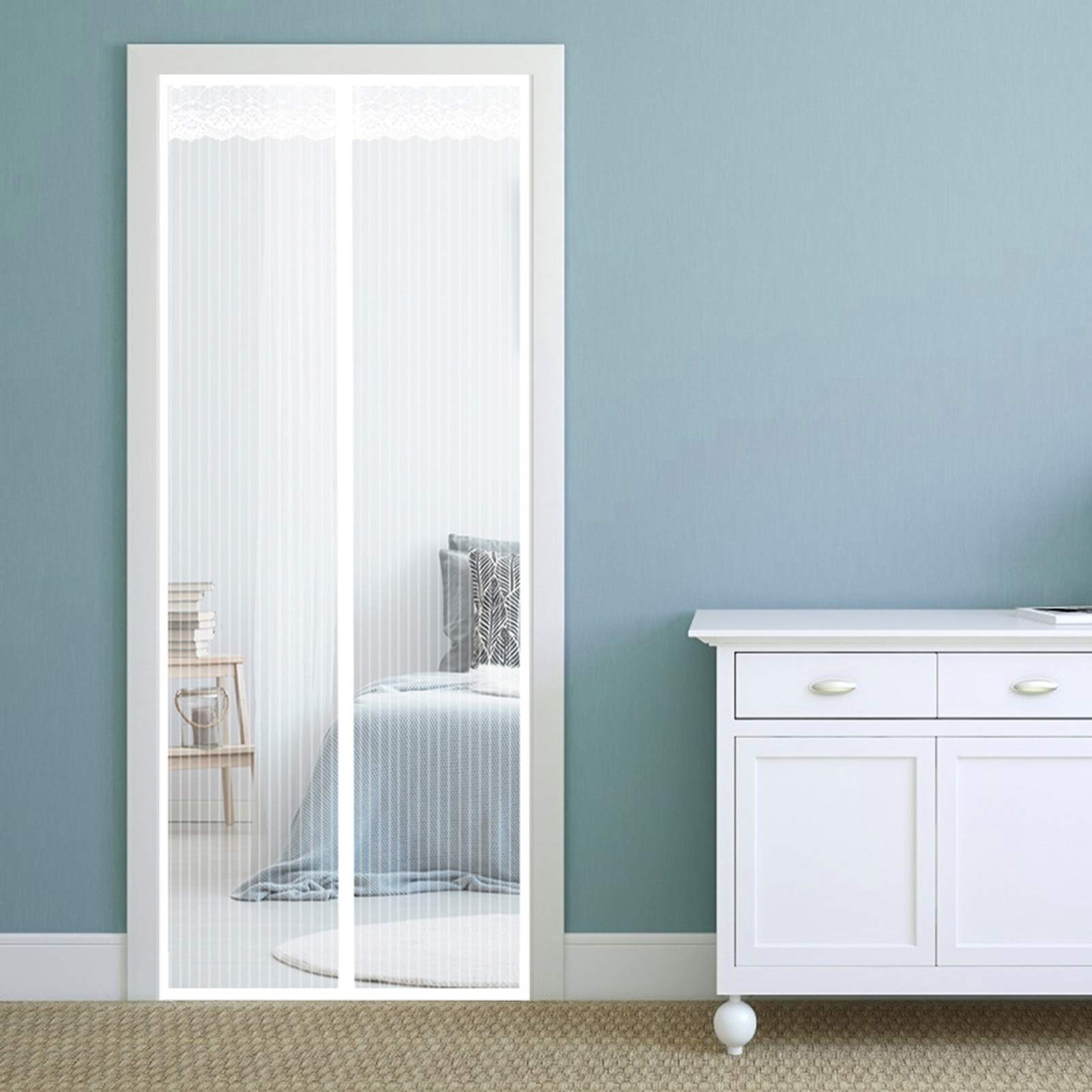 Amzero White Magnetic Screen Door, 140X205cm Screen Magnets Anti Mosquito Bugs Easy Install Fits Door Size Up To,