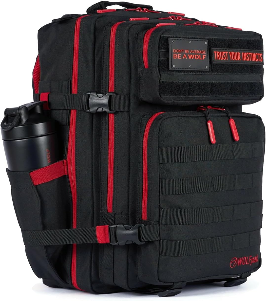 WOLFpak 45L Athletic Gym Backpack (Red Wolf) Durable 1000D Waterproof Oxford Material with MOLLE Webbing, Laptop Pocket & Dual Cup Holders, Durable Fitness/Travel/Military Daypack