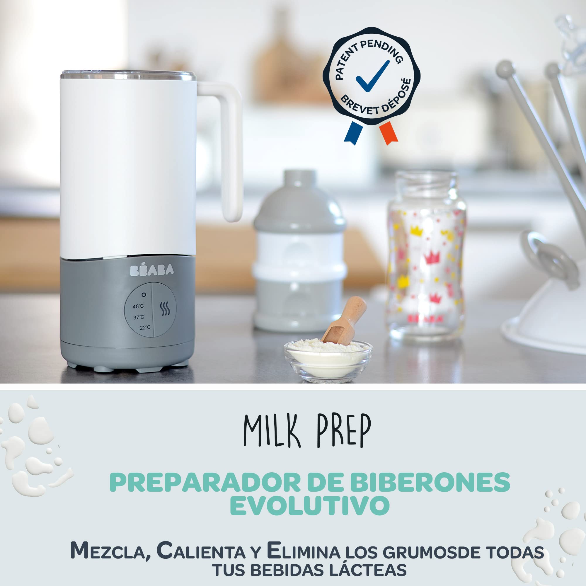 Béaba Milk Prep, Preparador de biberón y bébidas lactéas, Calentamiento rápido, Leche en polvo, Leche de crecimiento, Chocolate con leche - Para bebés y niños, Gris