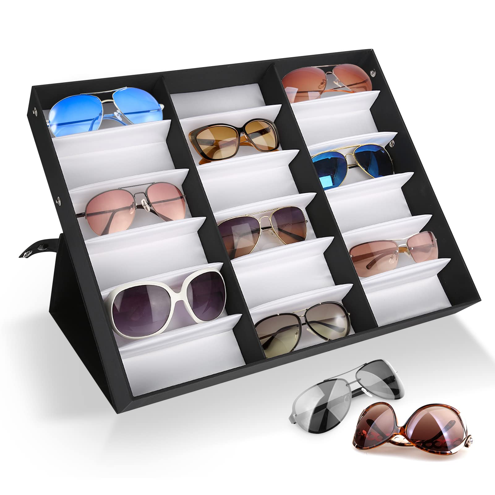 Ausla Boîte de Rangement pour Lunettes, 18 Fentes, Verrouillable avec Couvercle Pliable, Présentoir Organisateur
