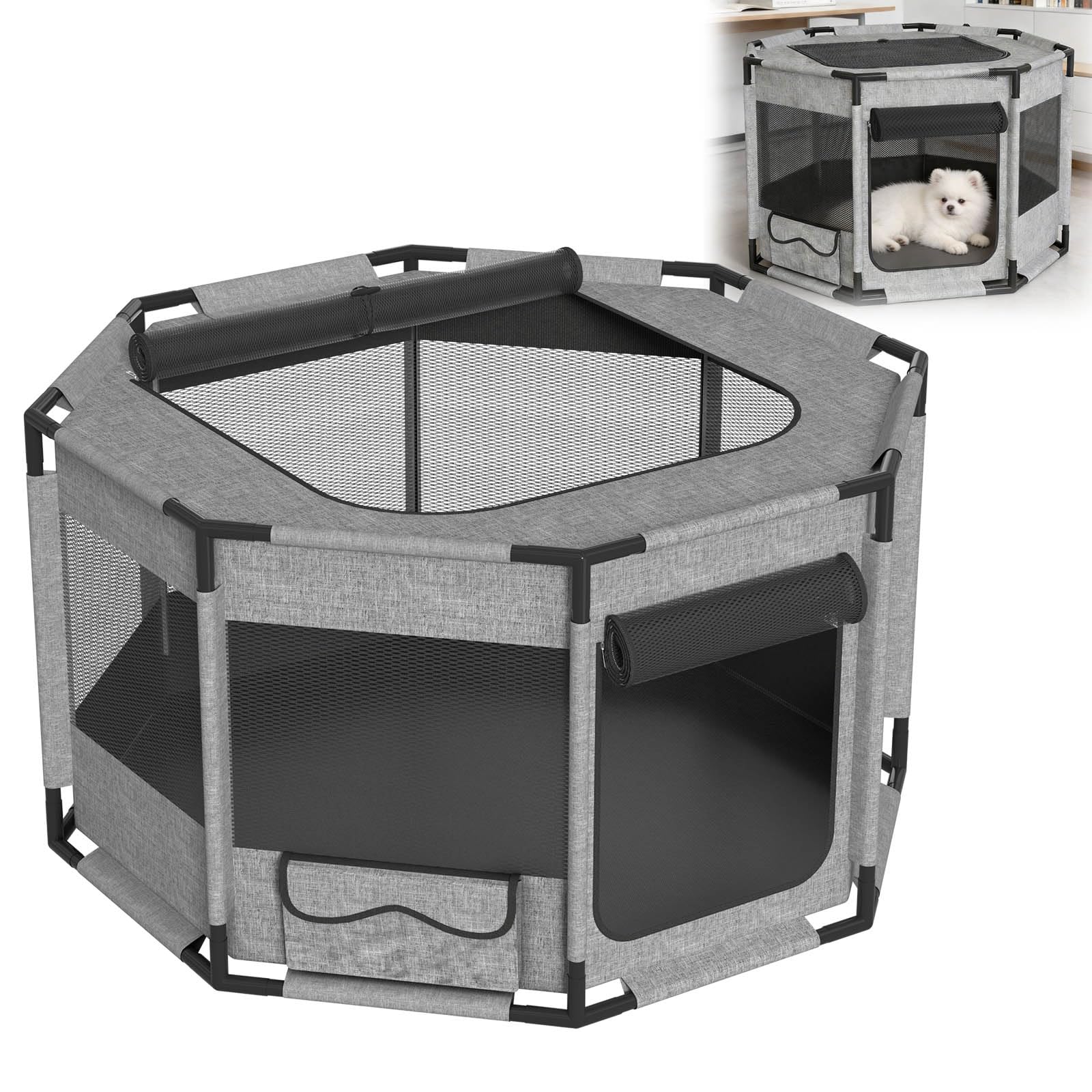 Aufun Welpenauslauf 114x114x60 cm, Achteckiges Tragbarer Haustierstall, Atmungsaktives Netz mit Reißverschluss, Stabiler PVC-Rahmen, Faltbar für Indoor & Outdoor, Hundelaufstall mit Seitentasche, Grau